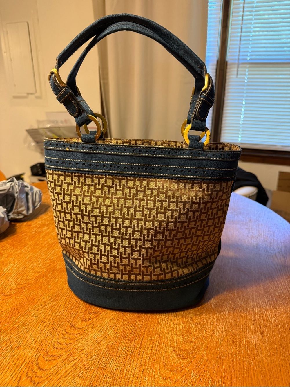Tommy Hilfiger Brown Monogram Tote with Navy Trim